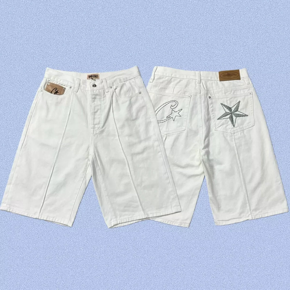Corteiz Back Star Embroidery Heavyweight Denim Shorts - White