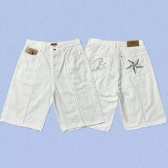 Corteiz Back Star Embroidery Heavyweight Denim Shorts - White