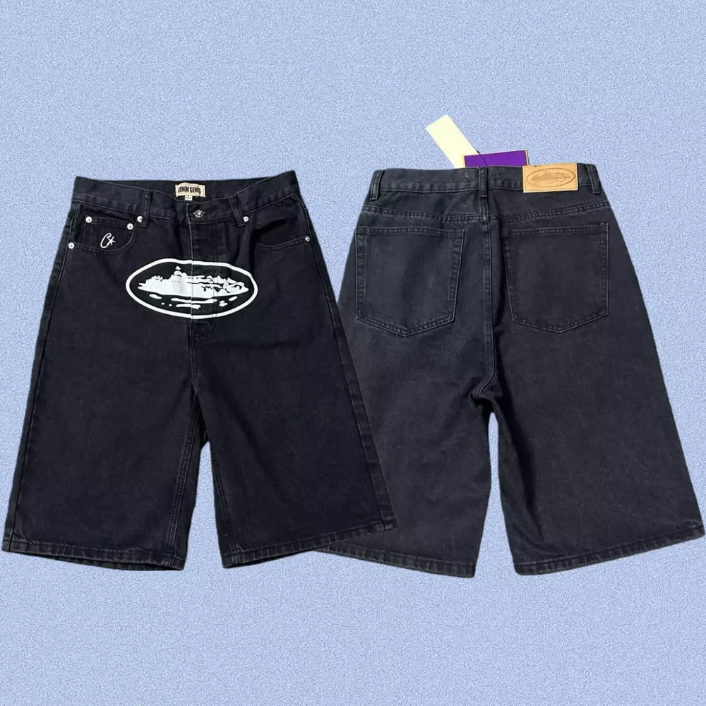Corteiz Alcatraz Island Front Logo Heavyweight Denim Shorts - Black