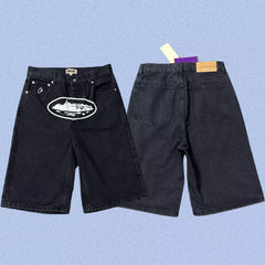 Corteiz Alcatraz Island Front Logo Heavyweight Denim Shorts - Black