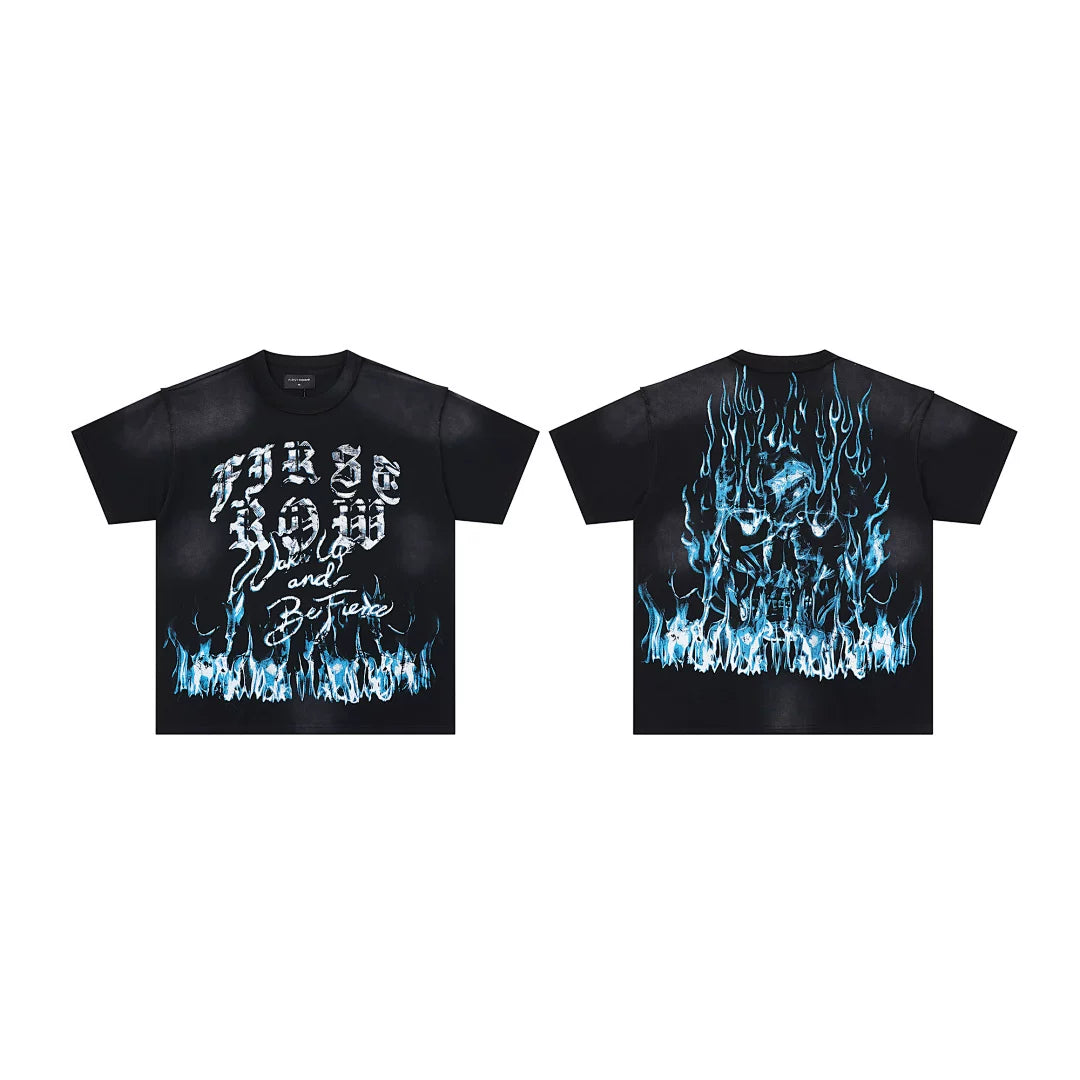 First Row “Wake Up and Be Fierce” Blue Flame Skull Vintage Tee