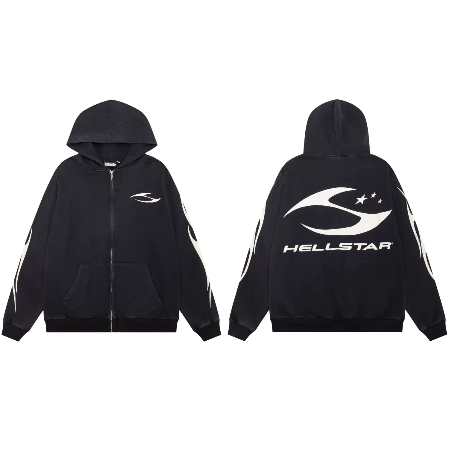 Hellstar Spiked Logo & Flame Zip-Up Black Hoodie