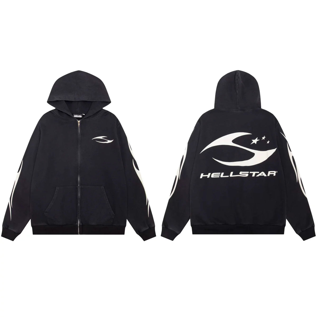 Hellstar Spiked Logo & Flame Zip-Up Black Hoodie