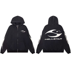 Hellstar Spiked Logo & Flame Zip-Up Black Hoodie