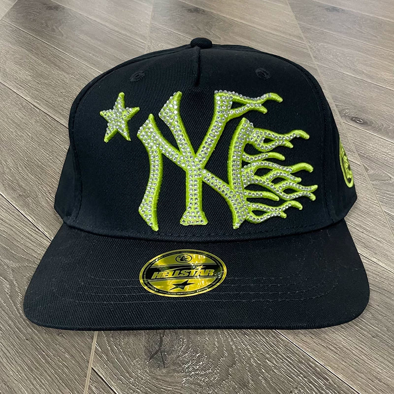 Hellstar Rhinestone NY Flame Logo Snapback Hat - Black/Neon Green