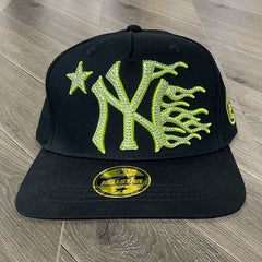 Hellstar Rhinestone NY Flame Logo Snapback Hat - Black/Neon Green