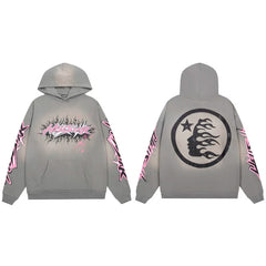 Hellstar Pink & Black Flaming Logo Grey Hoodie