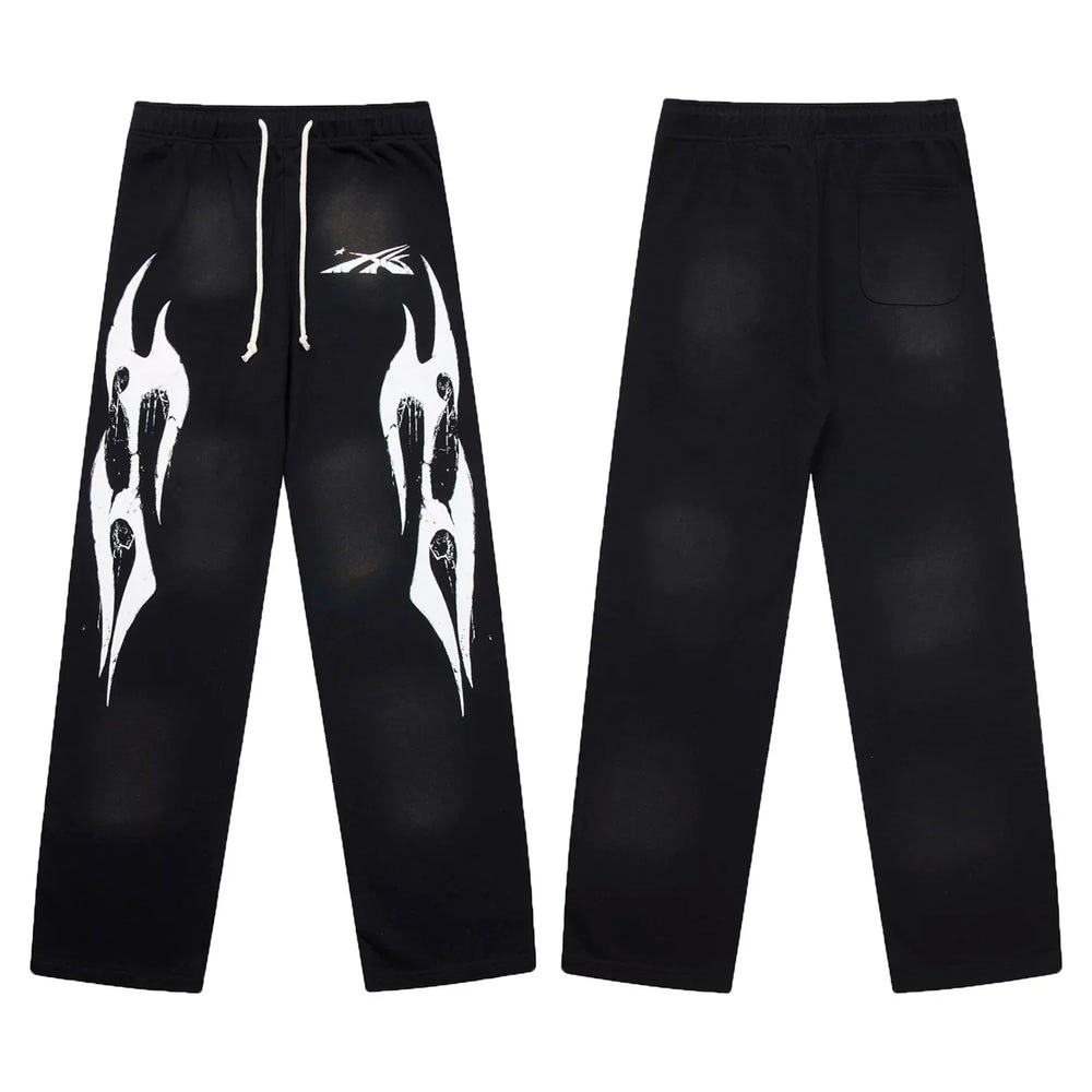 Hellstar White Flame Graphic Washed Black Sweatpants