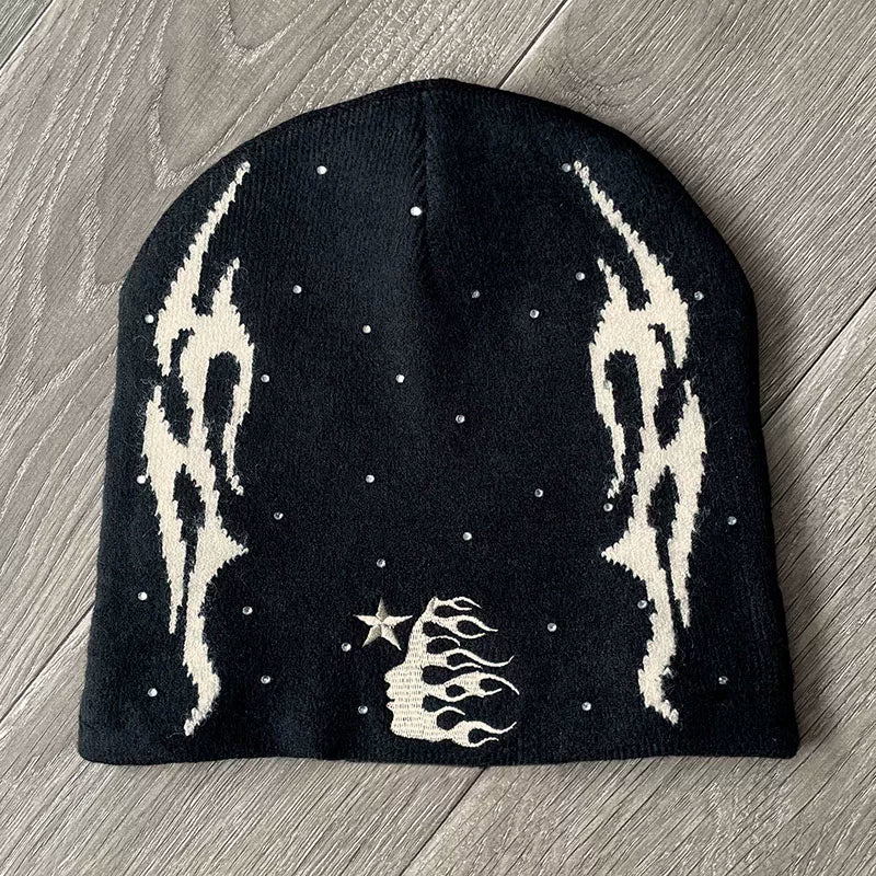 Hellstar Rhinestone Starry Tribal Flame Beanie - Black