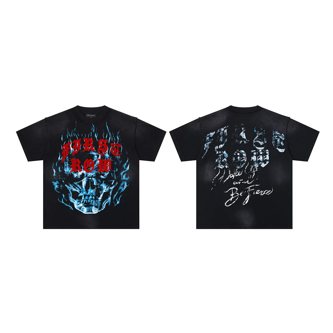 First Row “Wake Up and Be Fierce” Blue Flame Skull Vintage Tee
