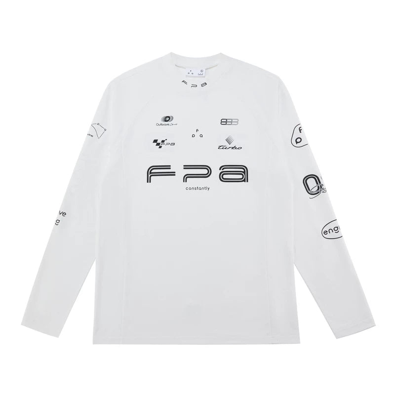 FPA moisture absorbing quick drying semi high neck base long sleeved spring outdoor sports and leisure printed white black T-shirt for men