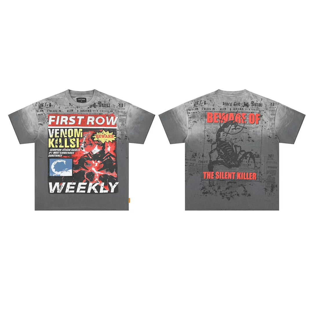 First Row “Venom Kills / Silent Killer” Scorpion Newspaper Vintage Tee