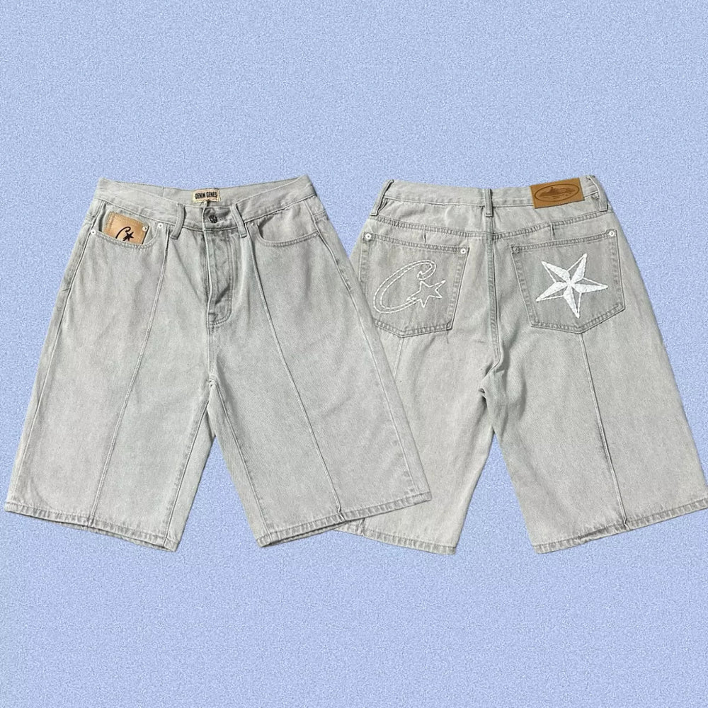 Corteiz Back Star Embroidery Heavyweight Denim Shorts Grey