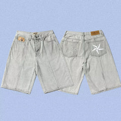 Corteiz Back Star Embroidery Heavyweight Denim Shorts Grey