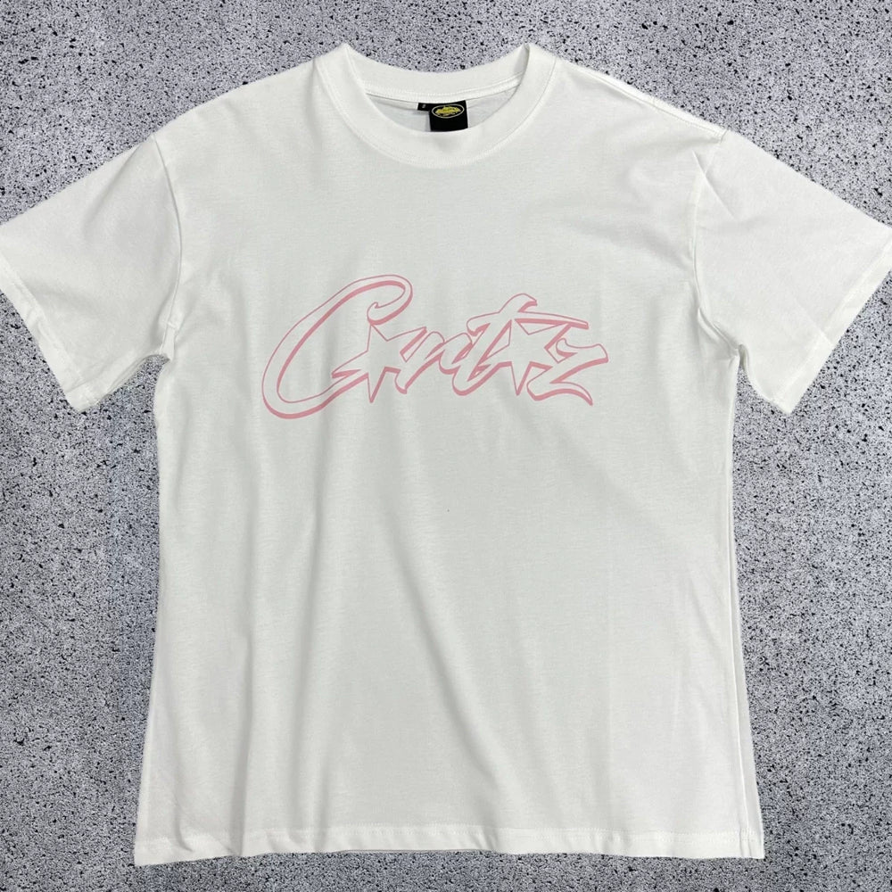 Pink Accent Star-Logo Graphic Tee - White & Pink Streetwear T-Shirt