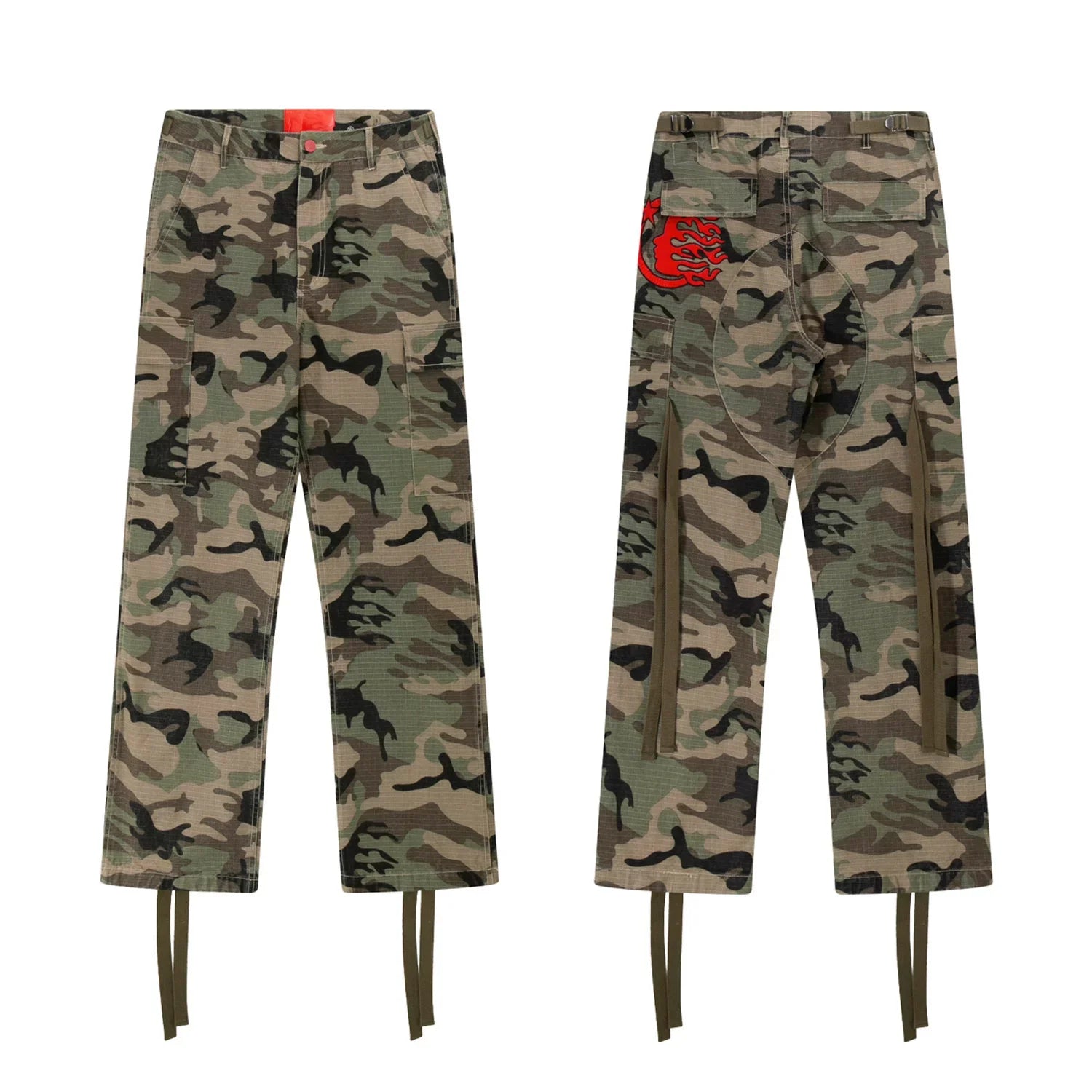 Hellstar Woodland Camo Cargo Pants with Straps camel