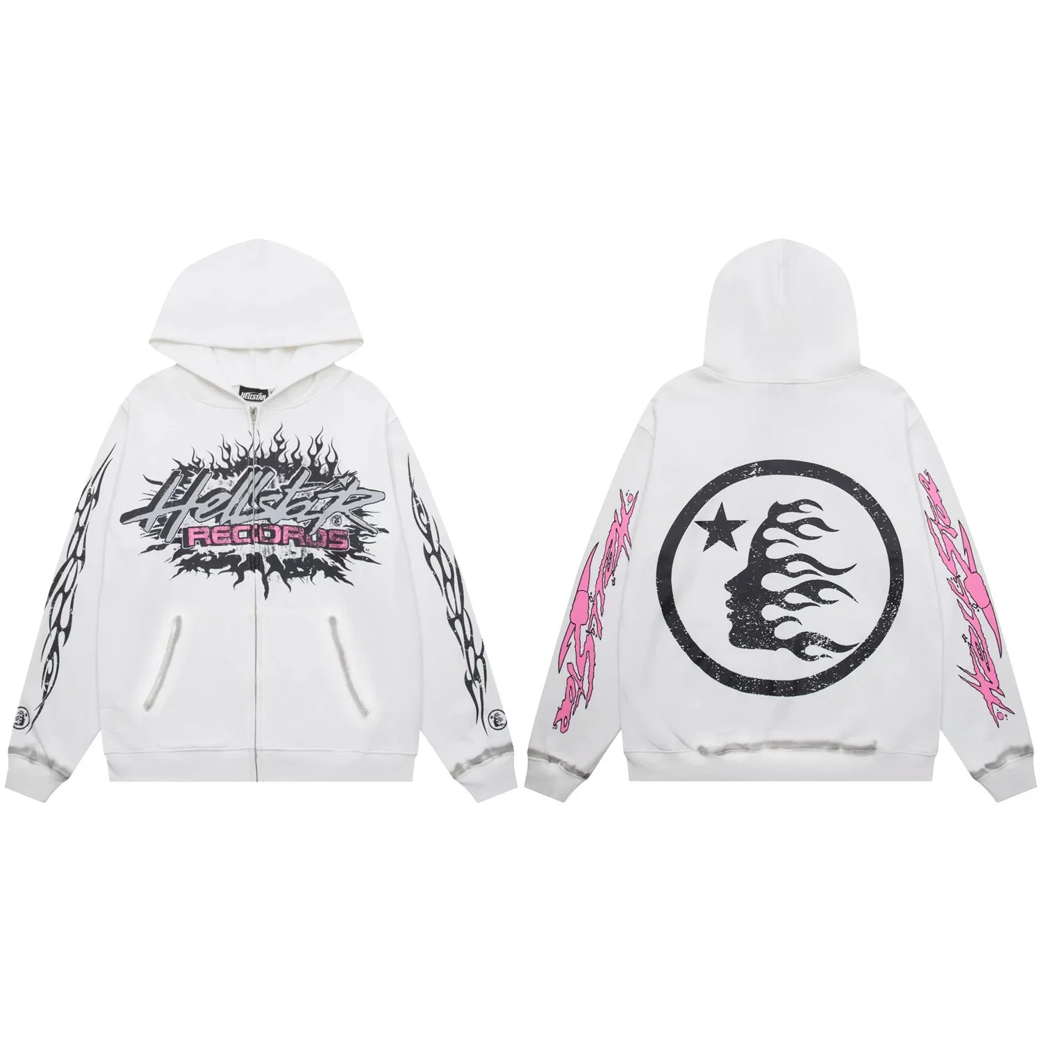 Hellstar Records Pink & Black Zip-Up White Hoodie
