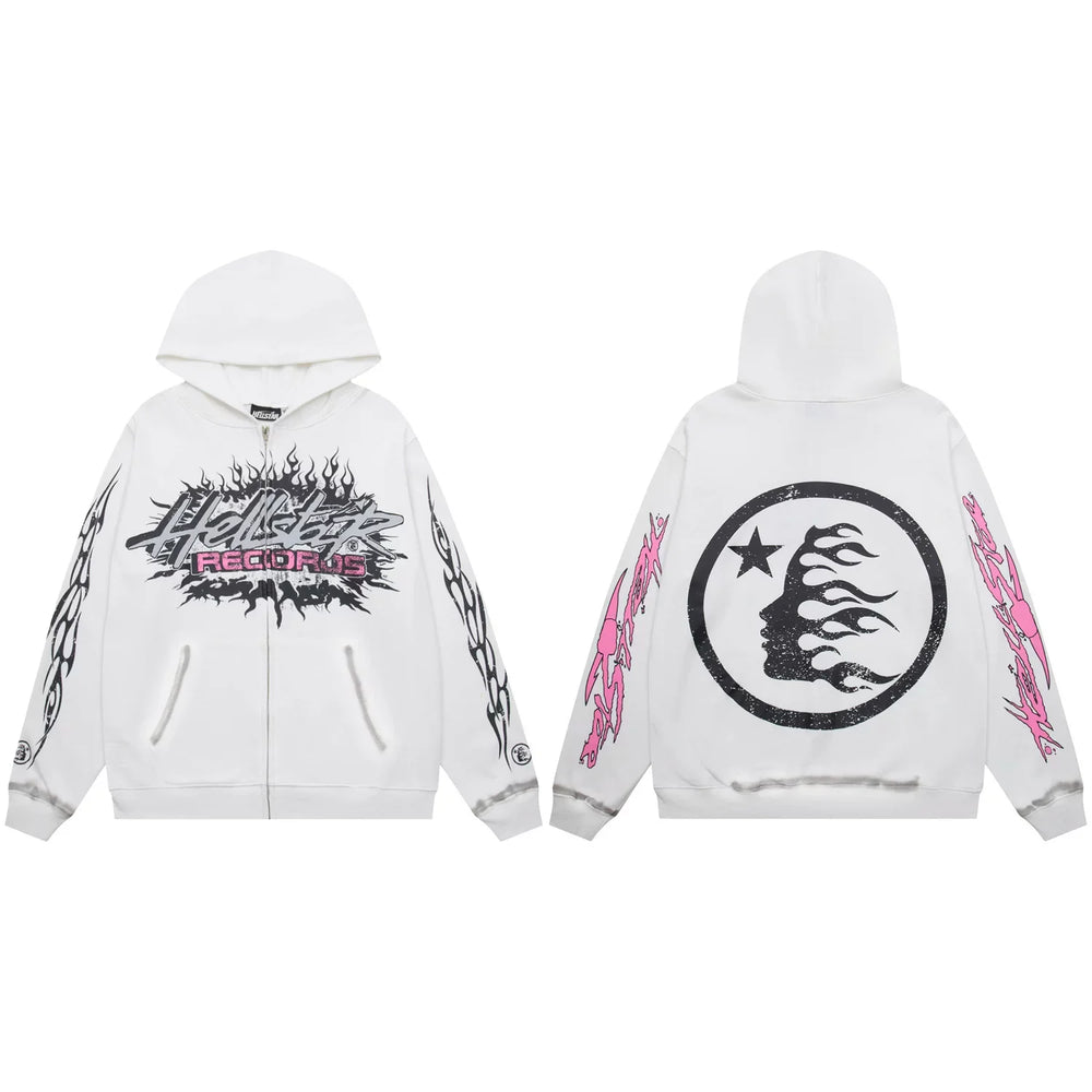 Hellstar Records Pink & Black Zip-Up White Hoodie