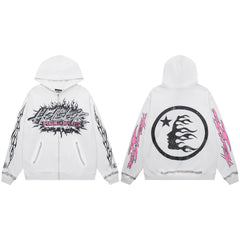 Hellstar Records Pink & Black Zip-Up White Hoodie