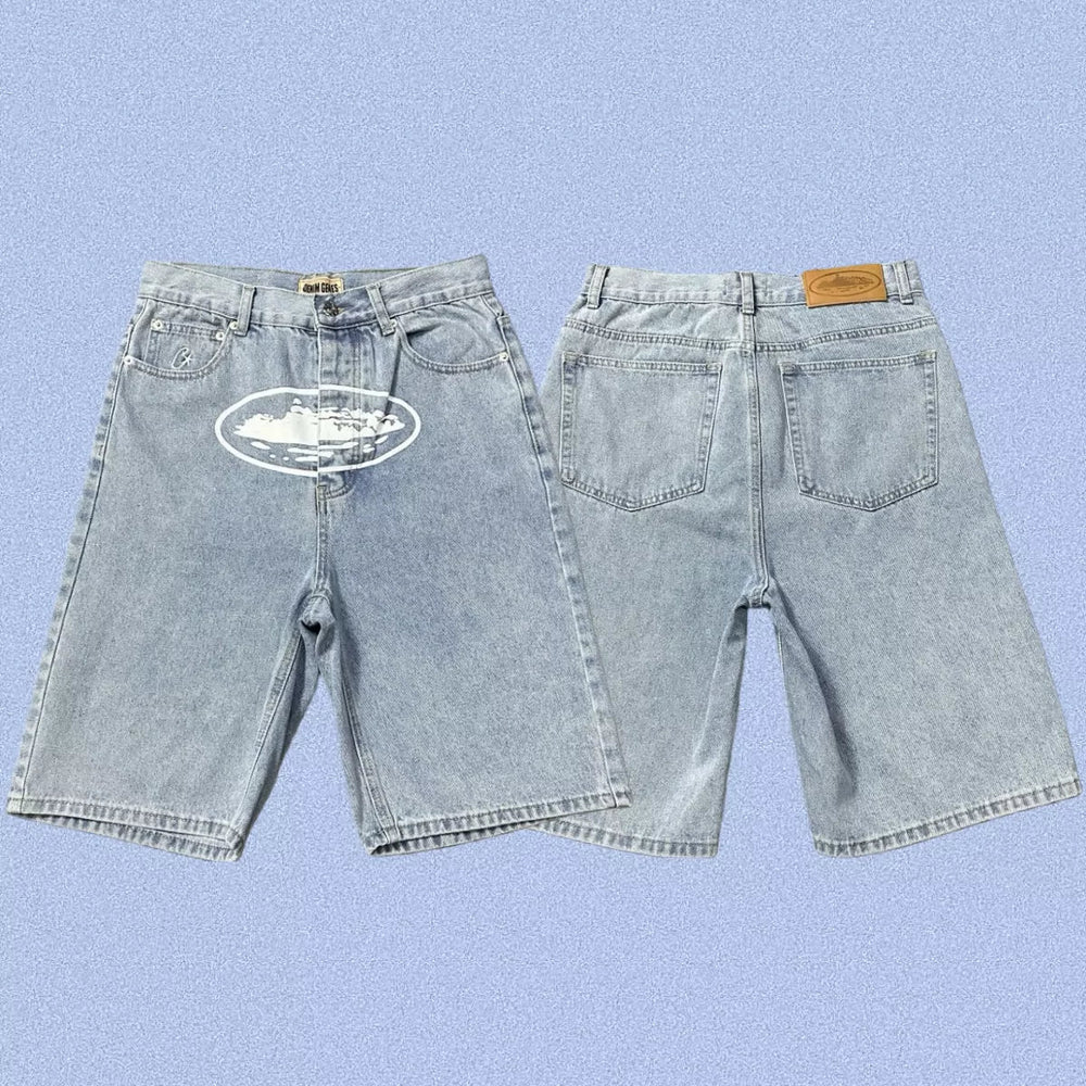 Corteiz Alcatraz Island Front Logo Heavyweight Denim Shorts - Light Blue