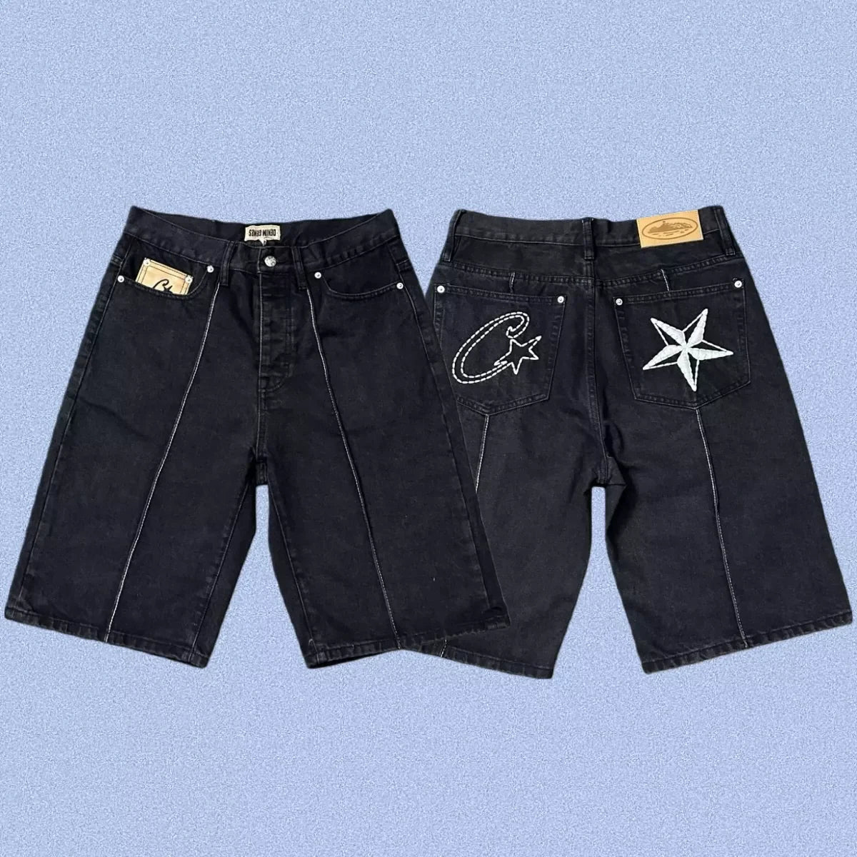 Corteiz Back Star Embroidery Heavyweight Denim Shorts Black