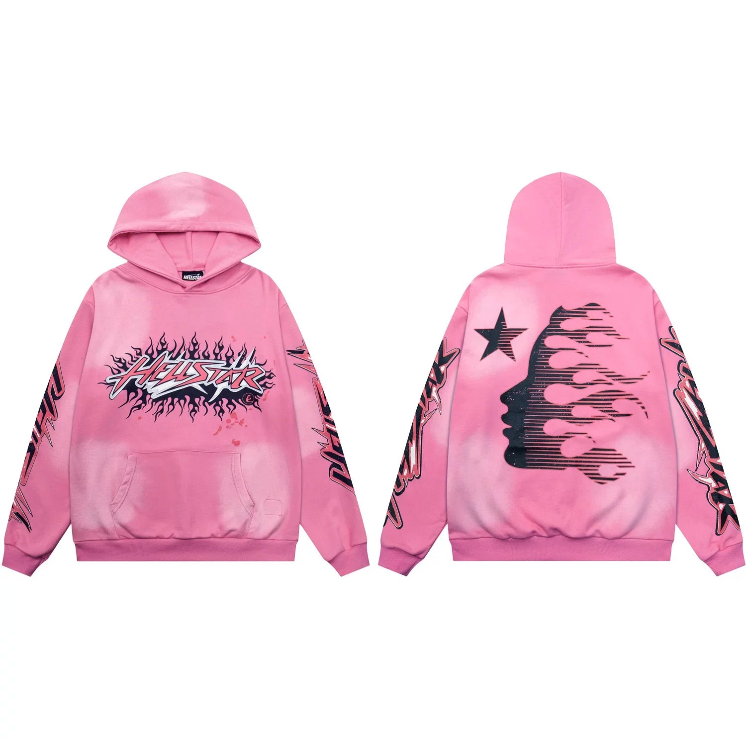 Hellstar Flaming Burst Logo & Face Pink Hoodie