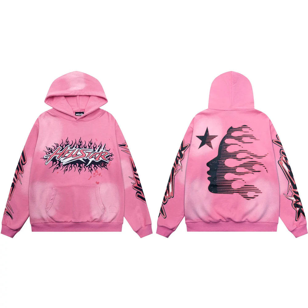 Hellstar Flaming Burst Logo & Face Pink Hoodie