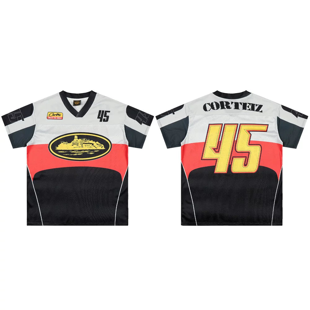 Corteiz Number 45 Athletic Jersey T-Shirt - Grey/Black/Red/Yellow