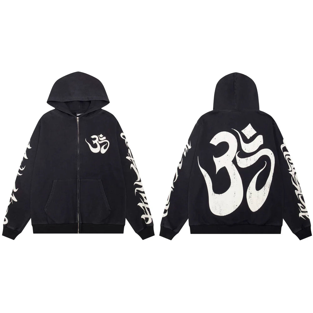 Hellstar Om Symbol Zip-Up Black Hoodie