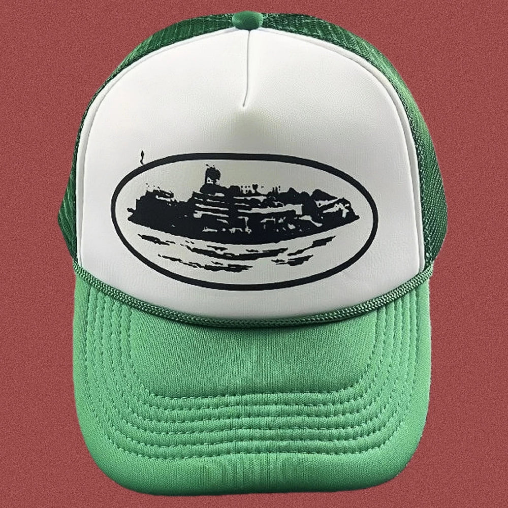 Corteiz Vintage Green and White Trucker Hat with Oval Cruise Ship Graphic