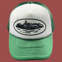 Corteiz Vintage Green and White Trucker Hat with Oval Cruise Ship Graphic