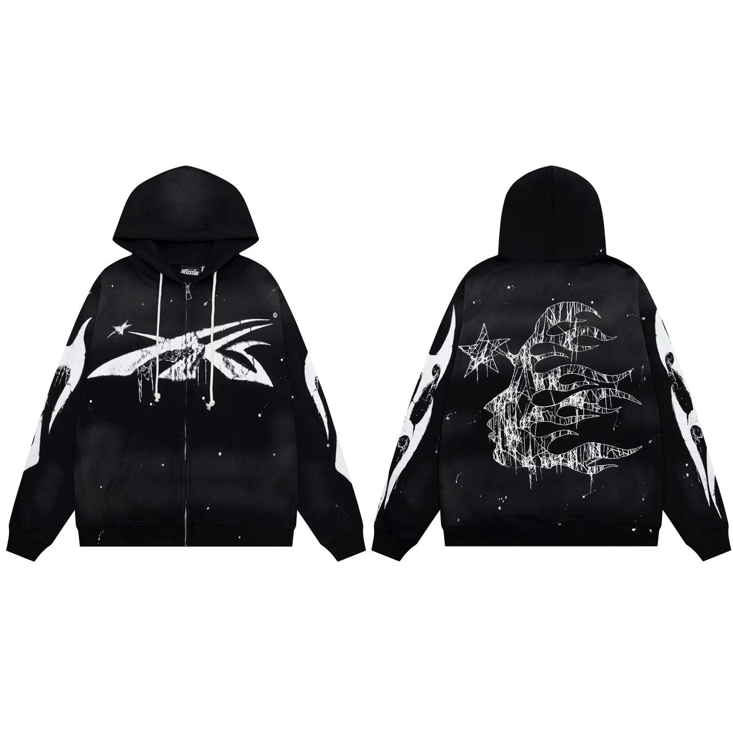 Hellstar Paint Splatter Spiked Logo & Flame Face Zip-Up Black Hoodie