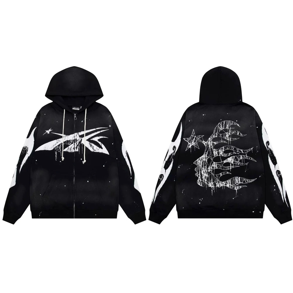 Hellstar Paint Splatter Spiked Logo & Flame Face Zip-Up Black Hoodie