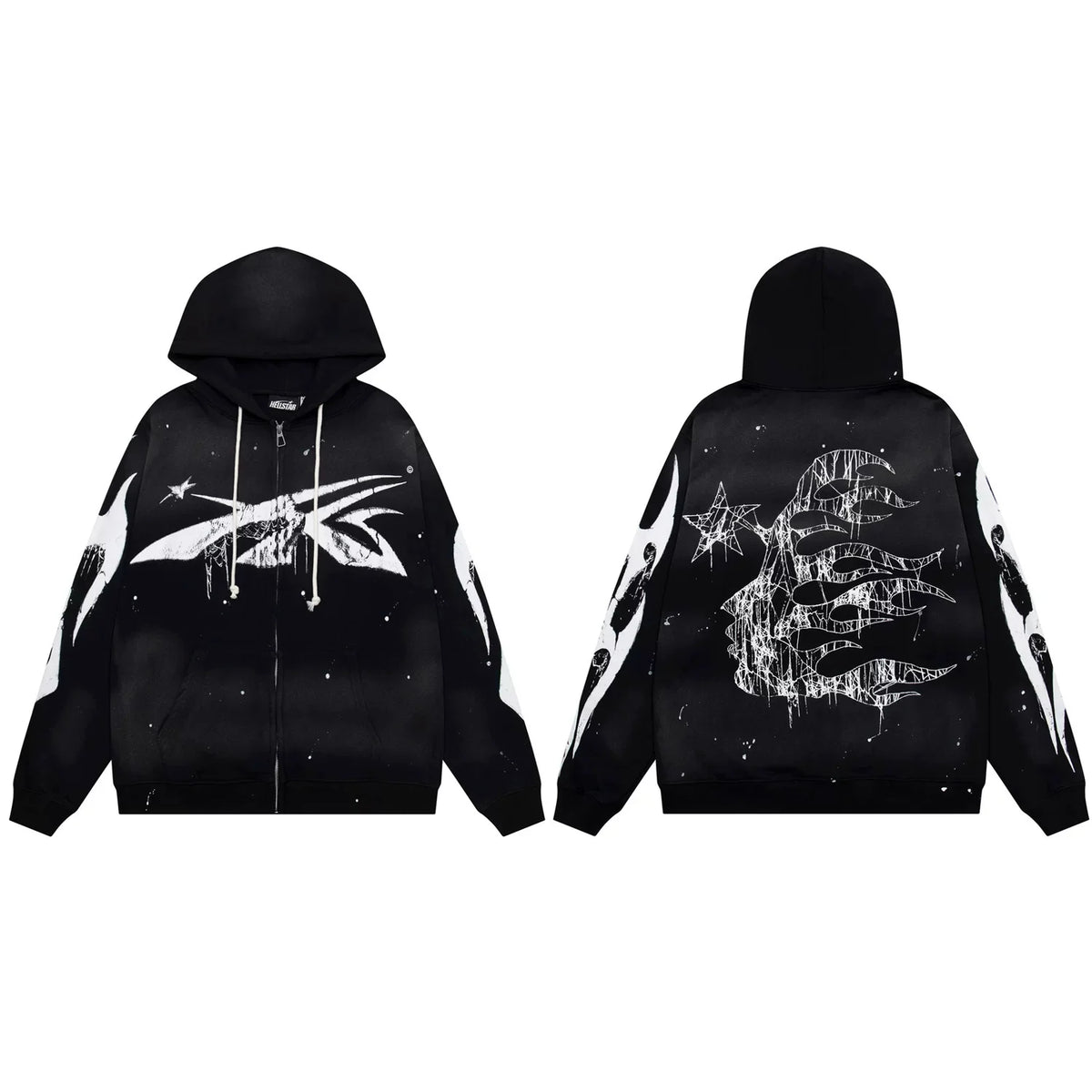 Hellstar Paint Splatter Spiked Logo & Flame Face Zip-Up Black Hoodie
