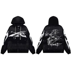 Hellstar Paint Splatter Spiked Logo & Flame Face Zip-Up Black Hoodie
