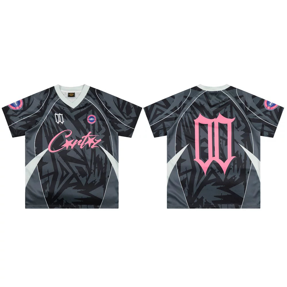 Corteiz Geometric Graphic Athletic Jersey T-Shirt - Black/Grey/Pink