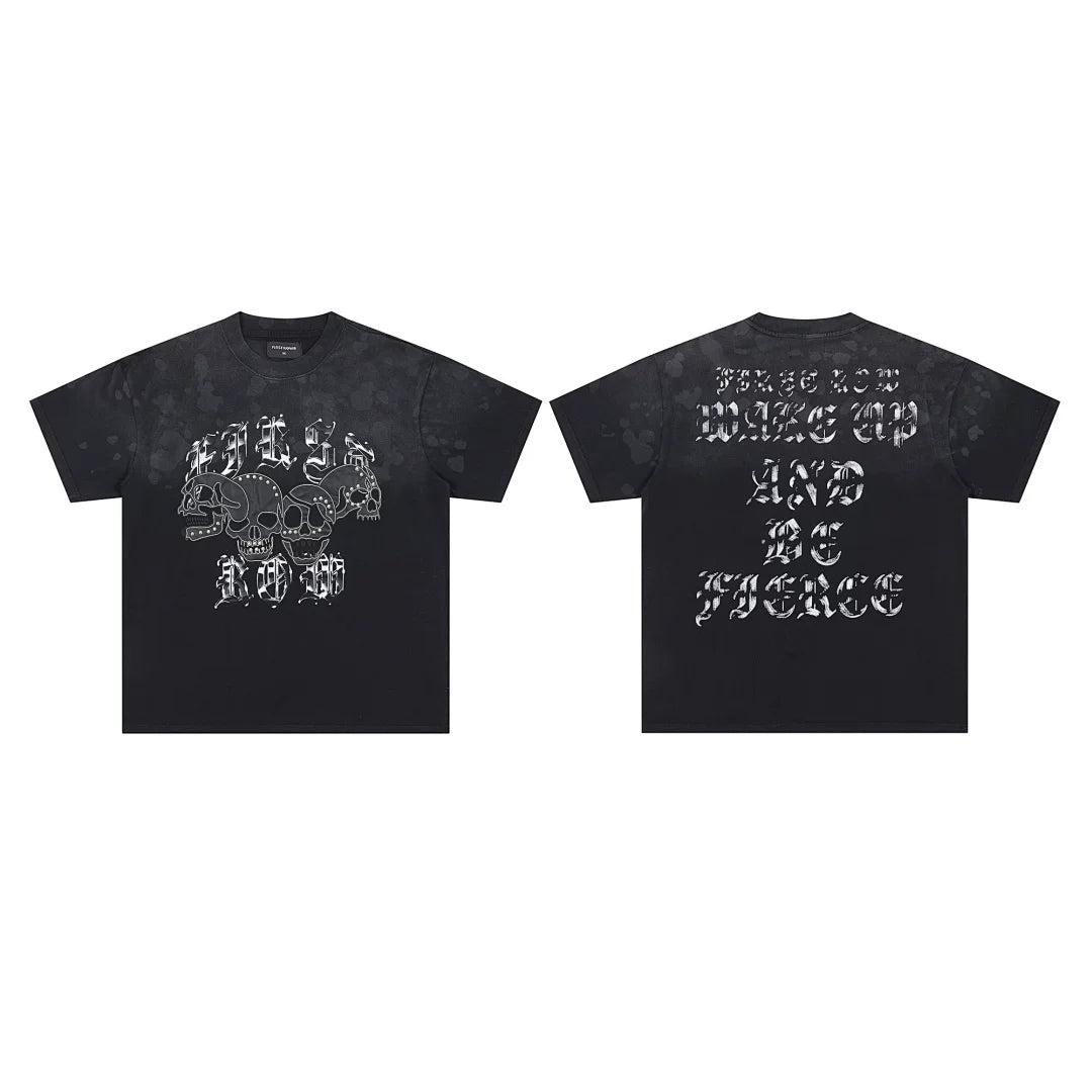 First Row “Wake Up and Be Fierce” Multi-Skull Vintage Tee