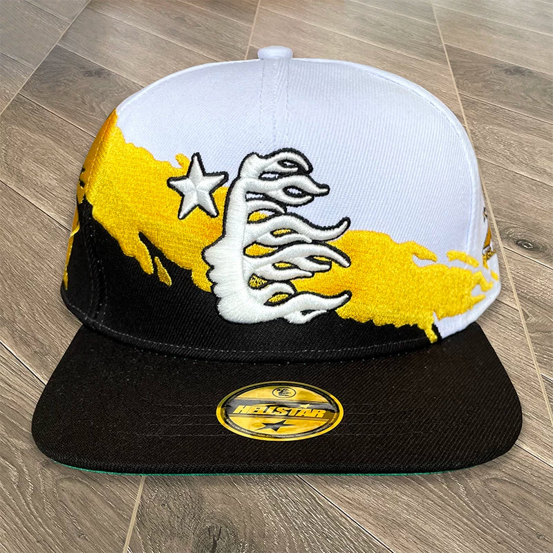 Hellstar Flame Colorblock Graphic Snapback Hat - White/Yellow/Black