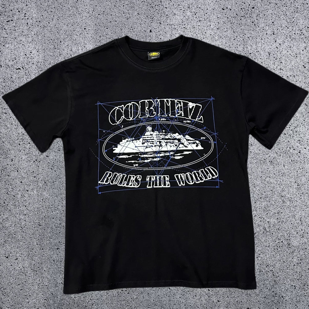 Corteiz "Rules The World" Blueprint Graphic T-Shirt – Black | Authentic Streetwear