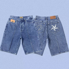 Corteiz Back Star Embroidery Heavyweight Denim Shorts BLue