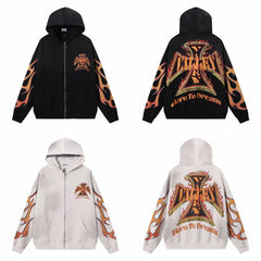 Vale Forever Valley Flames & Maltese Cross Graphic Vintage Wash Full-Zip Hoodie