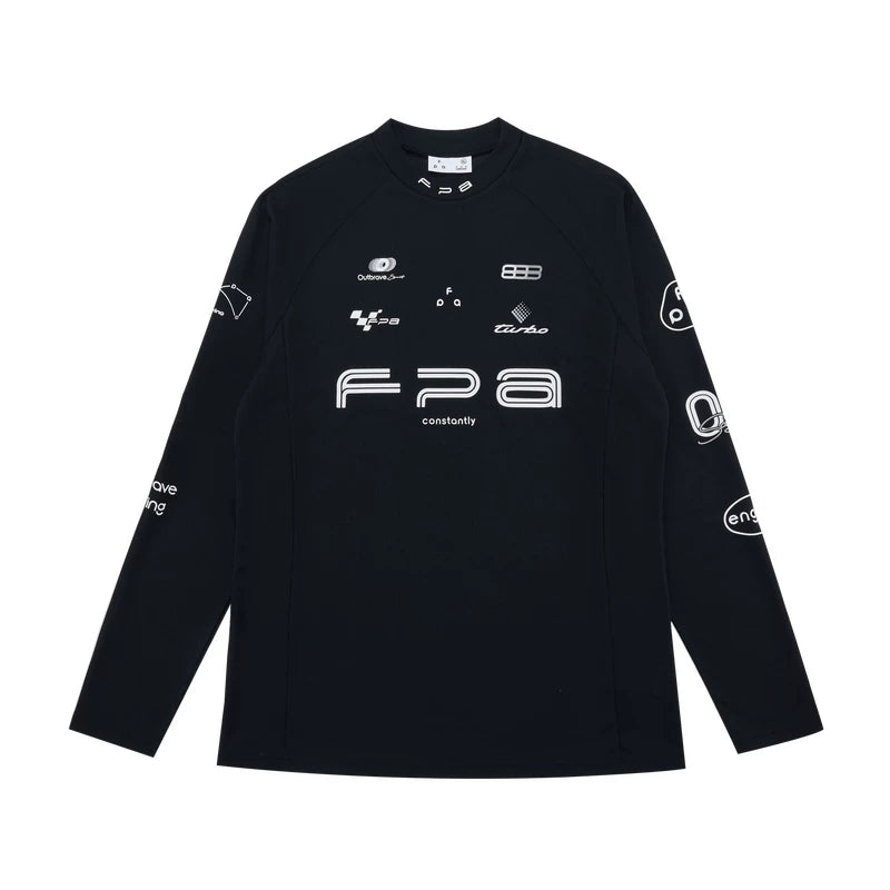 FPA moisture absorbing quick drying semi high neck base long sleeved spring outdoor sports and leisure printed white black T-shirt for men