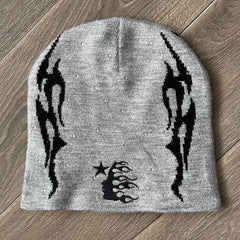 Hellstar Rhinestone Tribal Flame Knit Beanie - Grey