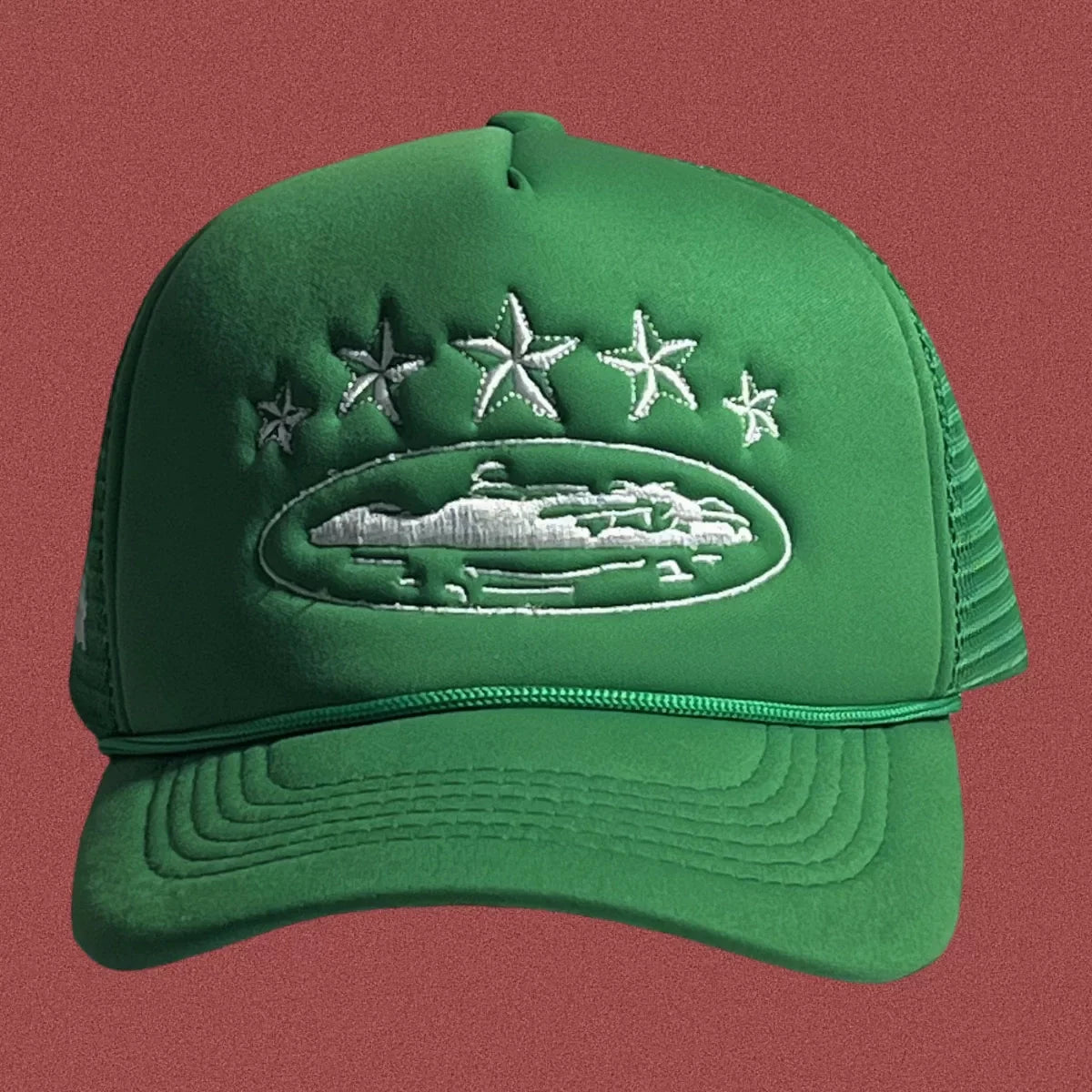 Corteiz Vintage Green Trucker Hat with White Stars and Cruise Ship Graphic