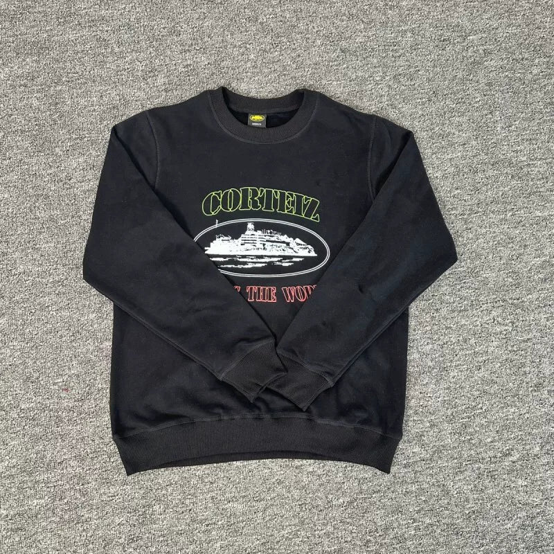Corteiz "Rules The World" Island Logo Heavyweight Crewneck Sweatshirt - Black