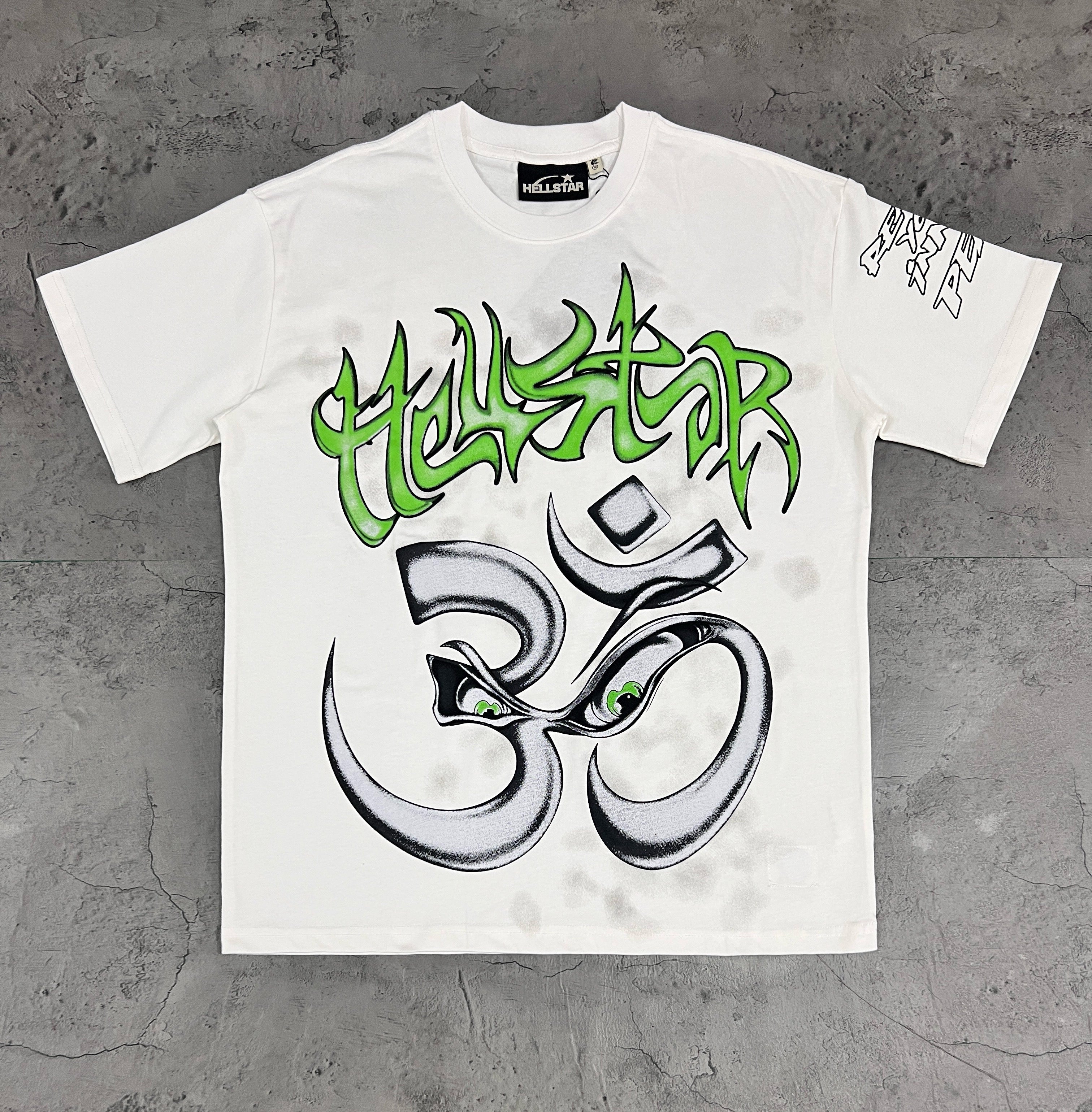 Hellstar Om Symbol Green Graffiti White Tee